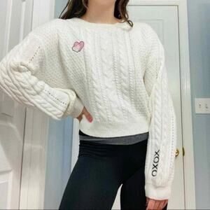 BP Plus Sweater Size 3X Ivory Cropped Heart Embroidered and Sleeve Embroidered